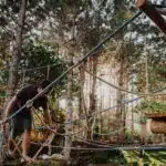, photo of man walking on rope tree