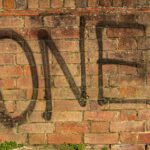 The word one, spray painted onto a wall., brown brick wall with green grass